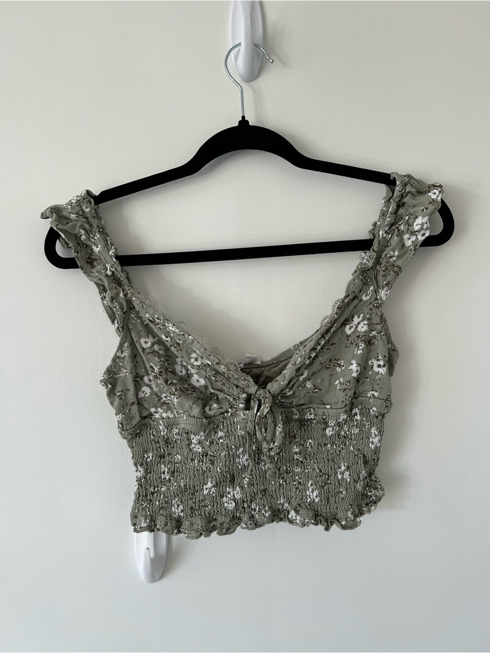 Garage Sage Green Floral Tie-Front Smocked Crop Top